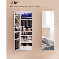 Hanging Jewelry Cabinet, Wall-Mounted Cabinet with LED Interior Lights, Door-Mounted Jewelry Organizer, Full-Length Mirror, Gift Idea, White UJJC99WT 
