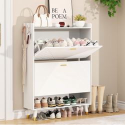 Shoe Storage Cabinet with 2 Flip Drawers, Slim Wooden Freestanding Shoe Cabinet with Coat Hooks