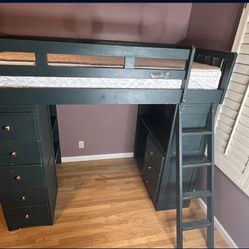 Twin Loft Bed with Built In Desk, Dresser, And Shelves