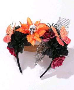 Women's Day Of The Dead Floral Headband, Red Artificial Flowers, Gothic Halloween Dark