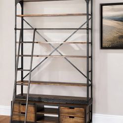 Schlueter Industrial Iron and Wood Four Tier Library Bookcase with Ladder