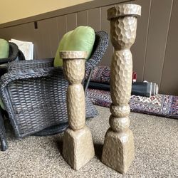 Pair Of Hand Carved Wood Floor Candle Holders