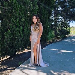 Champagne-colored dress corset style.