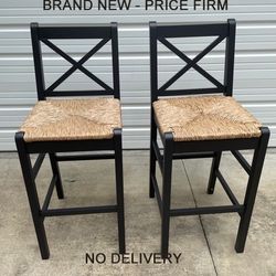 New, Price Firm, Set of 2, Dorsey Black Wood 30-in. Stool with Back and Rush Seat, Black by The Home Decorators Collection,