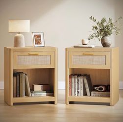 Modern Light Wood Rattan Nightstands - Set of 2