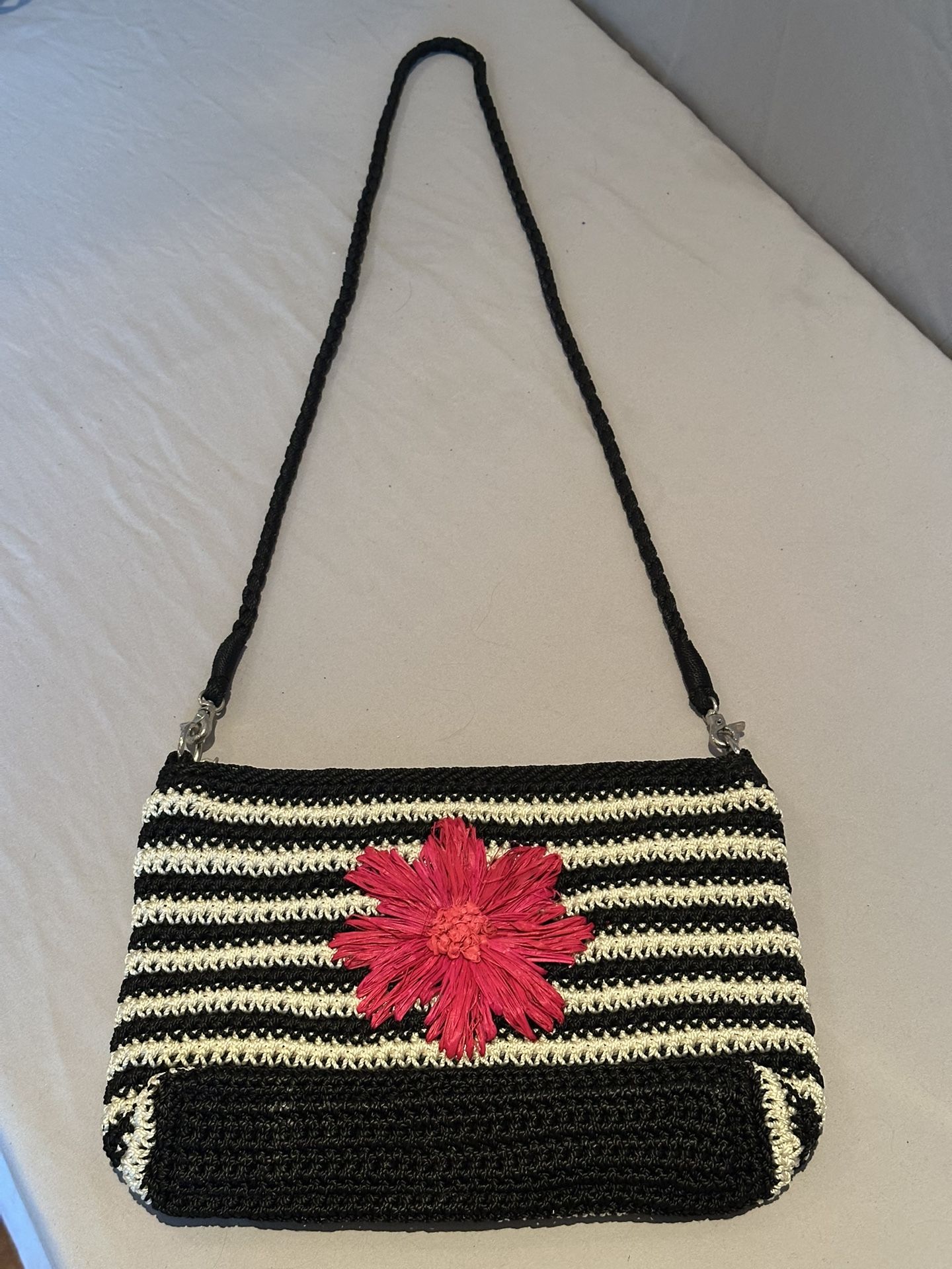THE SAK Hobo Crochet Knit Black &white Striped w/ pink flower