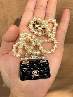 Pearl Necklace with Mini Black Handbag Pendant