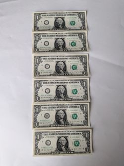 Set of 6 consecutive one dollar bills.