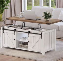 48" Farmhouse-style lift-top coffee table with hidden storage compartment and sliding barn door
