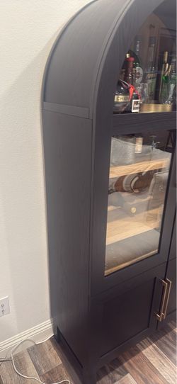 Dark Wood Arched Bar Cabinet with Glass Doors