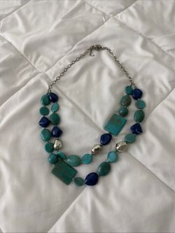 Women’s Vintage Necklace Blue Turquoise Chunky Double Strand Statement Silver