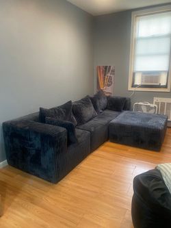Dark Navy Corduroy Sectional Sofa with Ottoman