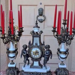 Antique Imperial Bronze /marble Clock With Candelabras Set Converted To Battery Operated 