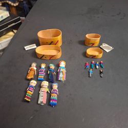 Lot Of 13 Miniature & Small Guatemalan Worry Dolls In Matching Oval Brentwood Boxes - They Measure 1" & 2" SEE DESCRIPTION