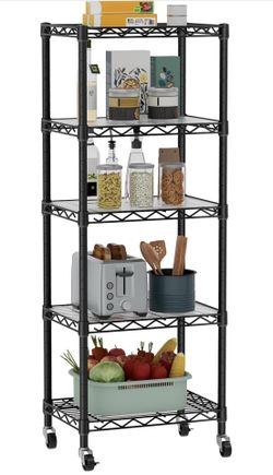 Small 5 Tier Shelves Storage Wire Shelving Unit Metal Shelf Adjustable Organizers Storage Shelving with Wheels for Bathroom Laundry Room Kitchen Pantr