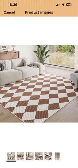 5x7 Washable Checkered Rugs for Bedroom, White and Brown Area Rug Low Pile Geometric Carpet with Non-slip Gripper Pads,Waterproof,Soft,Neutral Modern 