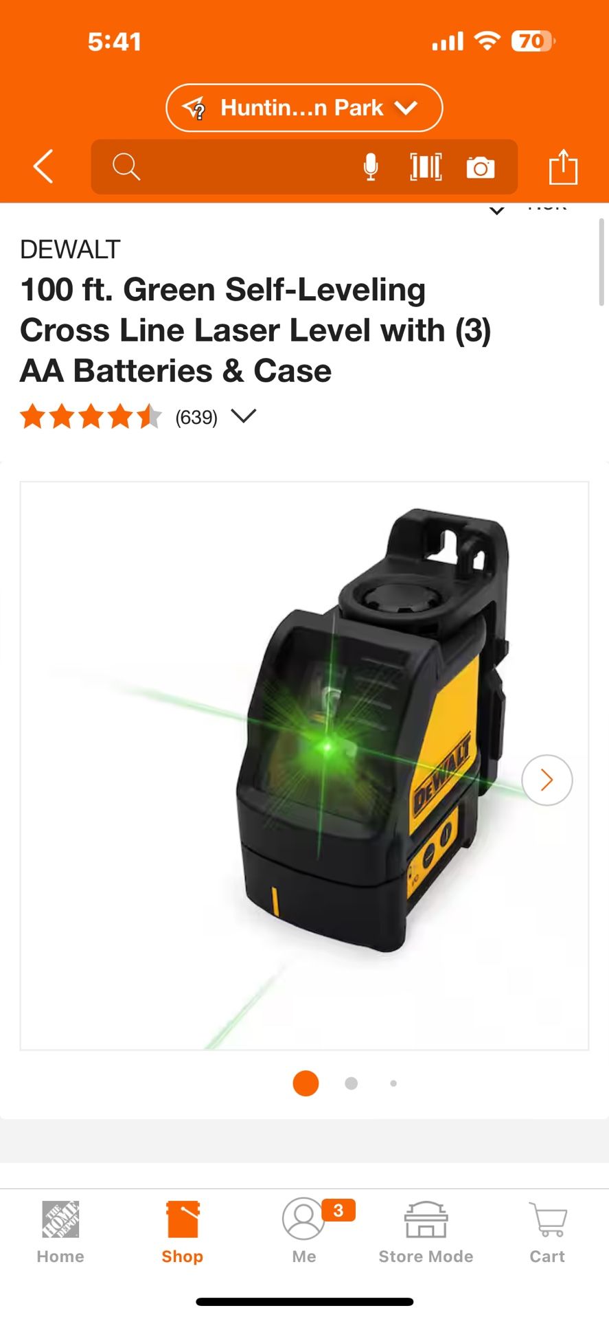 DEWALT 100 ft. Green Self-Leveling Cross Line Laser Level with (3) AA Batteries & Case