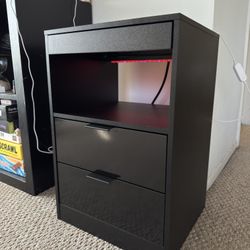 Black Nightstand with Charging Station & Storage