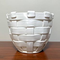 Vintage Italian White Ceramic Woven Basket Planter Pot Decor