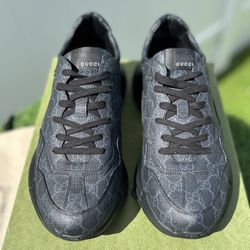 GUCCI RHYTON SNEAKERS NEW! BLACK/GREY GG SUPREME MONOGRAM SZ G 9 / US 9.5