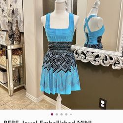 Vintage Bebe Jewel Turquoise & Black Embellished Mini Dress