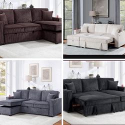 $369 Sectional Sofa Pullout Bed W/Chaise Storage  Fabric Reversible  88”x57”X33”H