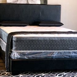 New Queen Size Black Bed With Mattress And Box Spring Including Free Delivery