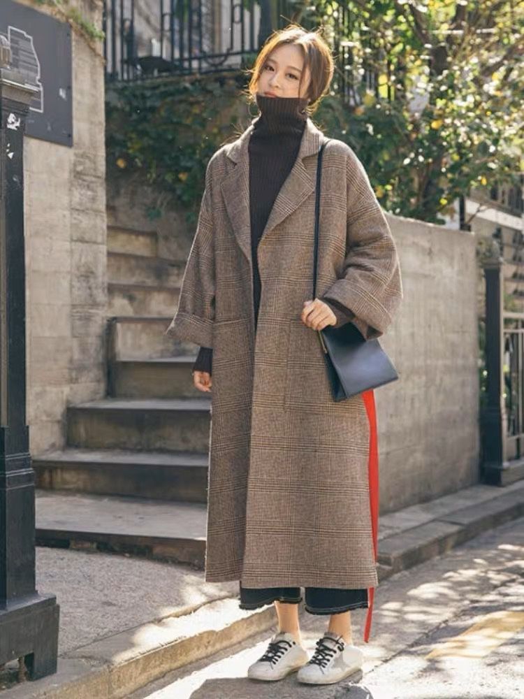 Autumn and winter retro Mori plaid coat chic Hepburn coat women's mid-length