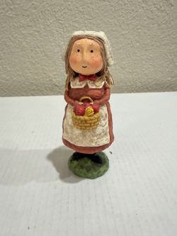 Vintage Folk Art Woman Figurine Holding Fruit Basket Country Farmhouse Decor