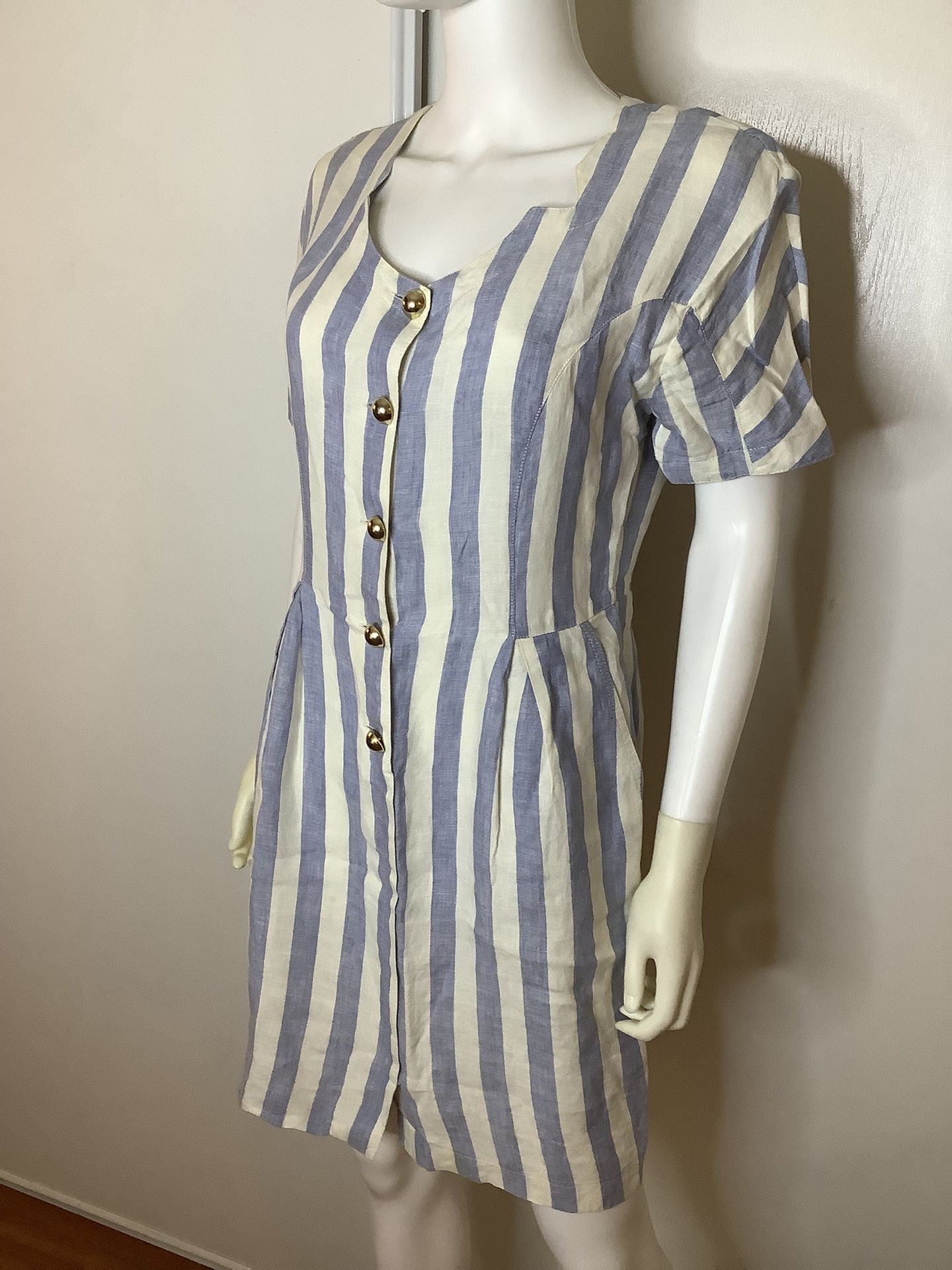 Merry Hat Elegant Linen Chunky Gold Button Blue and White Striped Midi Dress