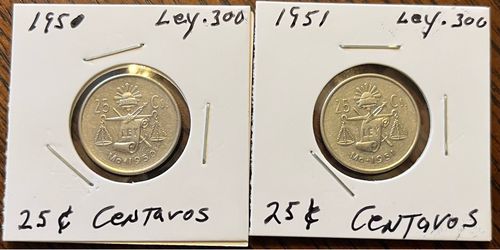 Silver 1950 Mexico 25 Centavos Ley .(contact info removed)  (2 Coins)