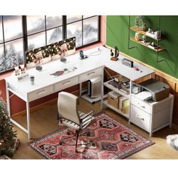 L Shaped Desk with 5 Drawers and Storage Shelves, 61" Reversible Home Office Desk with Power Outlets