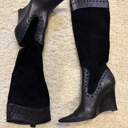 WOMEN’s BLACK CHARLES DAVID SUEDE & LEATHER WEDGE KNEE BOOTS