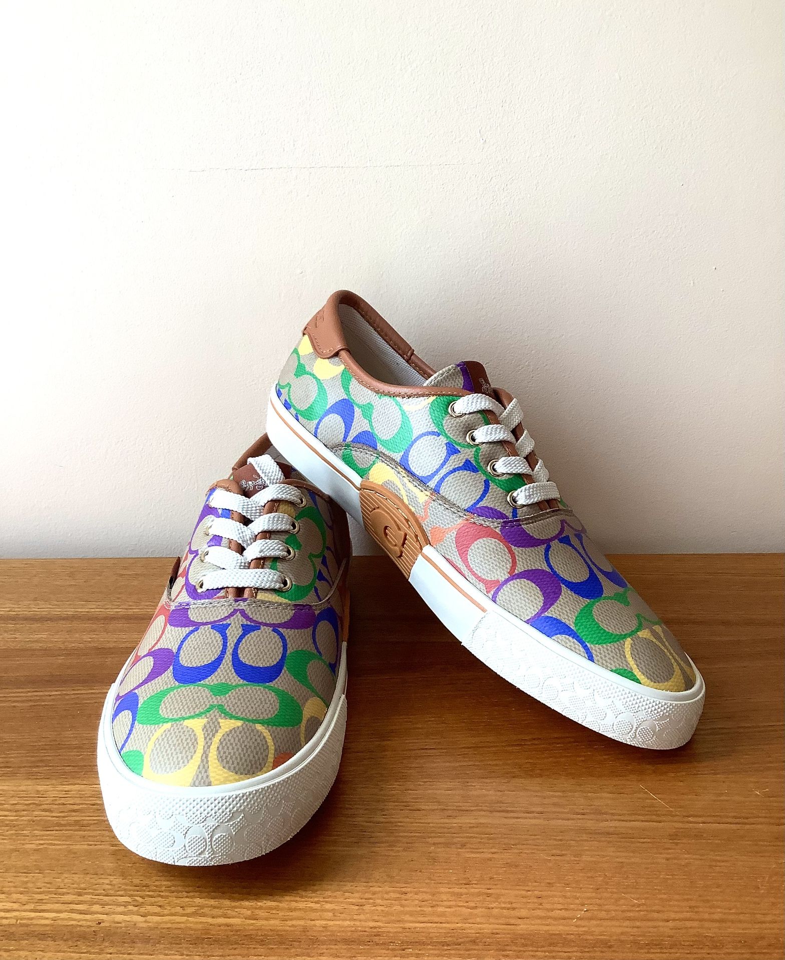 COACH Lowline Rainbow Coated Canvas Tan Leather Sneakers Size US 8.5M NEW