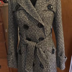 DKNY JEANS Double Breasted Coat Black/White Tweed with Belt, Size S