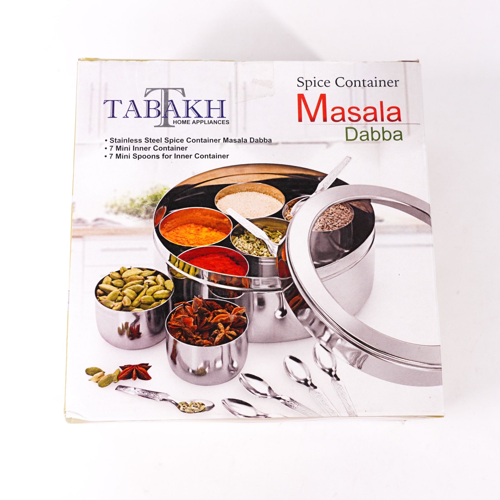 NEW Spice Container Masala Dabba by Tabakh 7 Mini Containers 7 Mini Spoons NIB