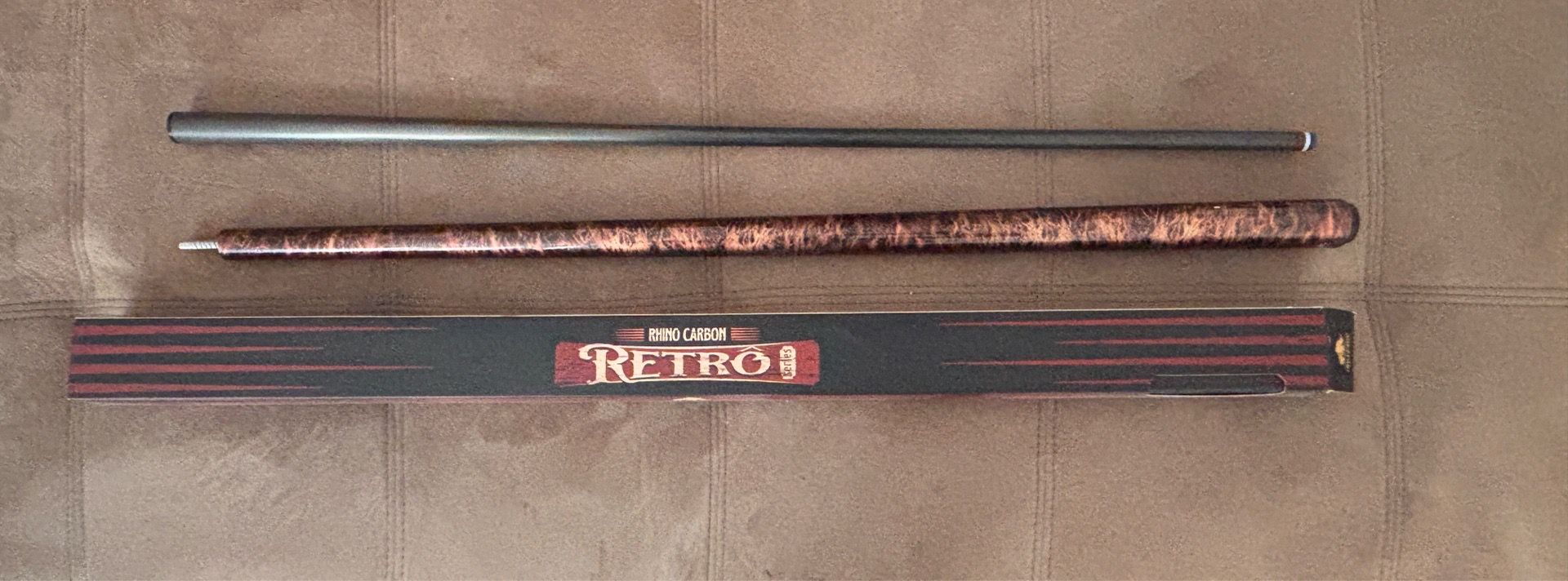 RHINO Retro Carbon Pool Cue, 30” Low Deflection Carbon Fiber Shaft, 12.5mm Tip, Pro Taper, 3/8-8 Joint, Microfiber Leather Wrap Grip