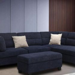 Diego 100"W Black Fabric Sectional Sofa Set With Ottoman Included 