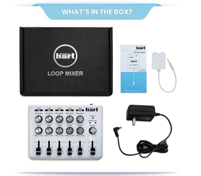 Maker Hart LOOP MIXER Portable Audio Mixer with 5 Channel stereo inputs, 3 Outputs via 3.5mm jack.