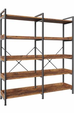 Huuger 5 Tier Bookshelf with 10 Open Shelves and Raised Baffle, Rustic Brown