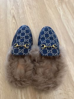Gucci Navy GG Canvas Fur-Lined Horsebit Slippers 36