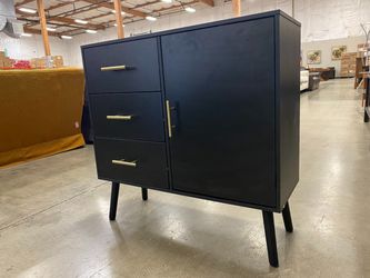 Black Wooden Entryway Cabinet with 3 Drawers and Brass Hardware
