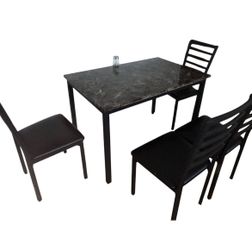  Faux Marble Kitchen Table With 4 Modern Metal Chairs With Black Cushions -Set 