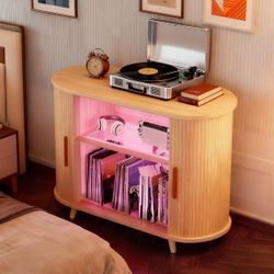 ❤️🔥 55in Large Record Player Stand with Charging Station & LED Light, Natural Oak $60