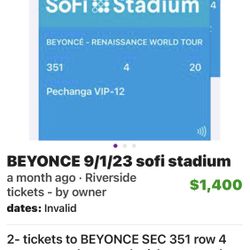 2 Tickets BEYONCE  9-1-23 SO-FI STADIUM
