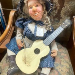 Vintage Creepy Grandma Doll With Guitar 