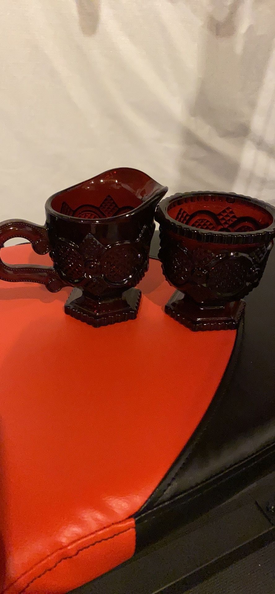 Avon Ruby Red Glass Cape Cod Collection cream and sugar set
