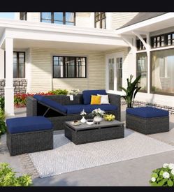 Outdoor Patio Gray Rattan Sectional Sofa (Blue Cushions) w/ Adjustable Backrest / 2 Ottomans / Lift-top Table [NEW] **Retails for $800  <NO Assembly>