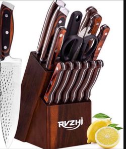 15 Pieces Japan Stainless Steel Kitchen Sets with Block and Sharpener, Sharp Knife Block Set Gifts for Dad