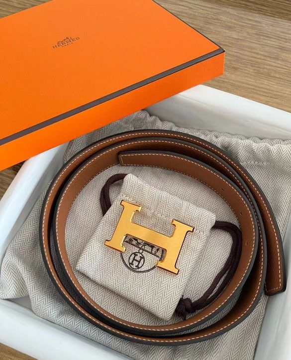 Hermes Classic Brushed Gold Buckle Double Sided Leather Belt Black Width 3.2cm With Receipt